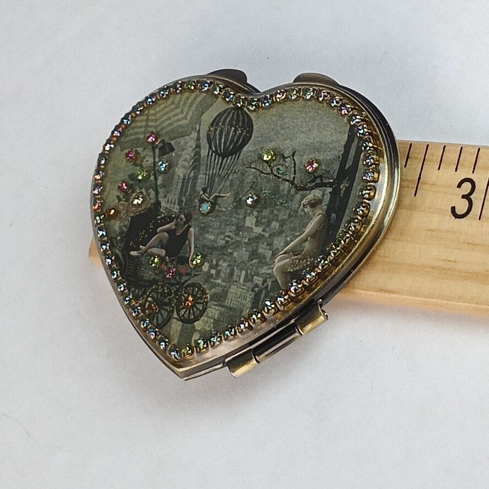 Michal Negrin Crystals Heart Shaped Mirror Compact In Original Box 2.5" - Picture 5 of 7